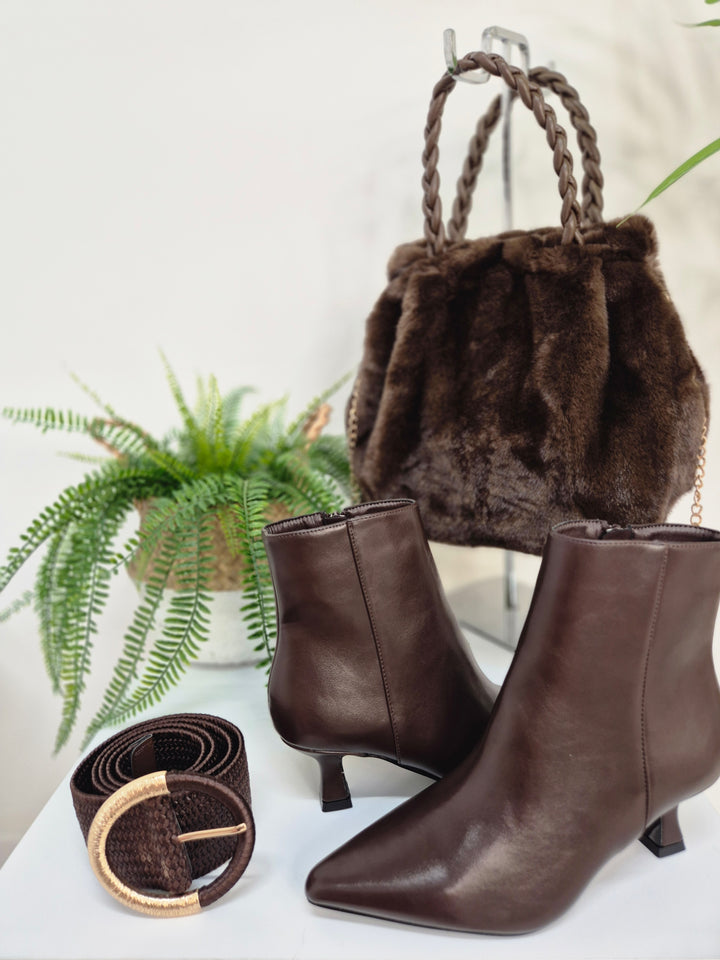 Mayfair Faux Leather Ankle Boots with Low Block Kitten Heel - Chocolate (choose your Size)