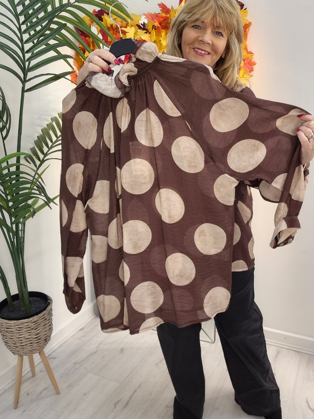 Dotty Oversized Blouse - (One Size/Curvy Size, fits from Size 14/16 to Size 20) - Chocolate