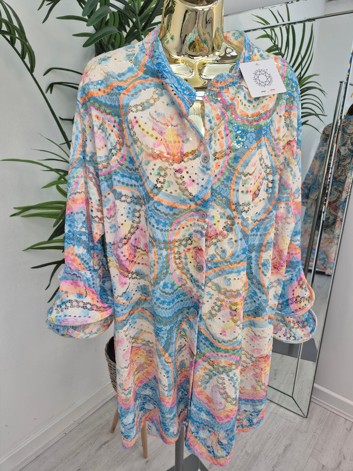 Alba Floral Double Fluted Sleeve Top - Aqua (Oversized, fitting from Size 14 up to Size 20)