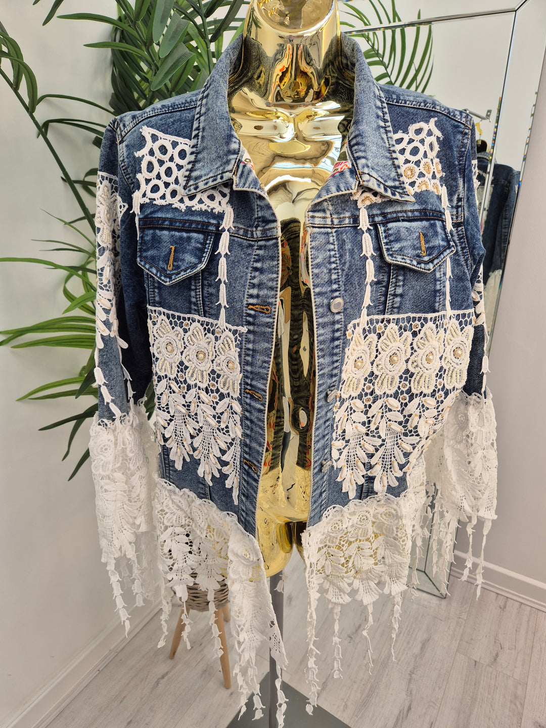 Elle Lace Tassel Denim Jacket - Mid Stonewashed (One Size, fitting from Size 10 up to 14)