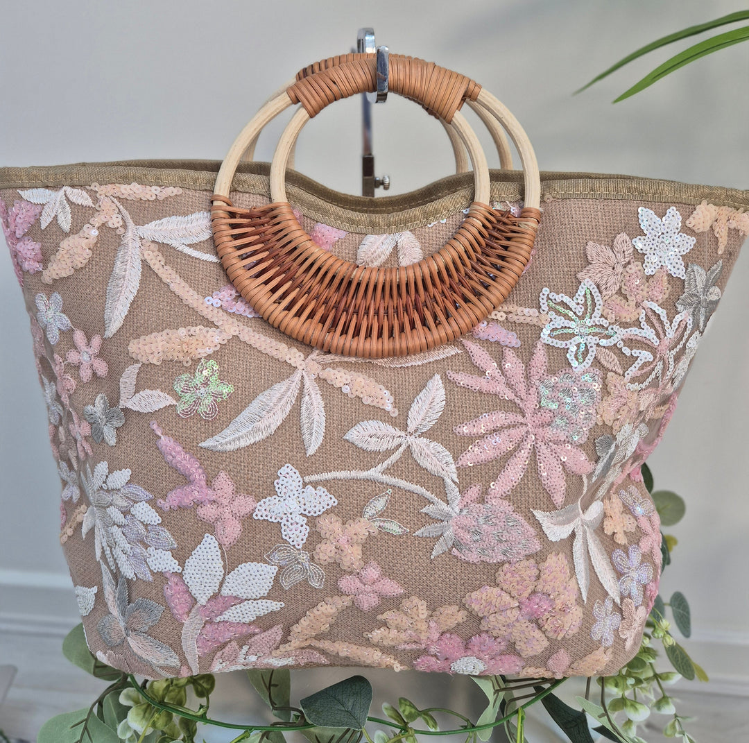 Floral Sequins Bamboo Summer Bag - Pink