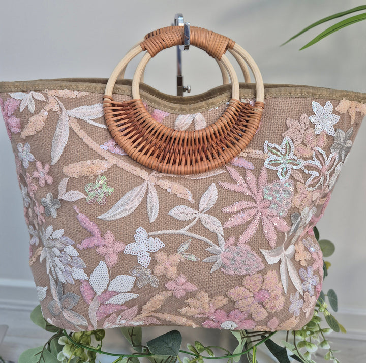 Floral Sequins Bamboo Summer Bag - Pink