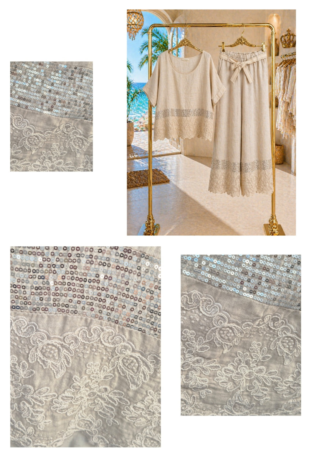 Amalfi Linen Sequin Co-ord Set (2 Piece) - (One Size, fits from Size 12 to Size 16/Small 18) - Beige