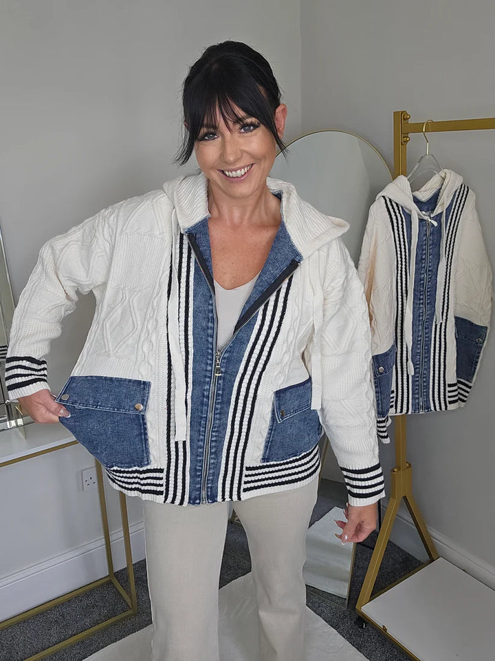 Callie Cable Hoodie with Denim - One Size - fits from Size 12 up to Size 18