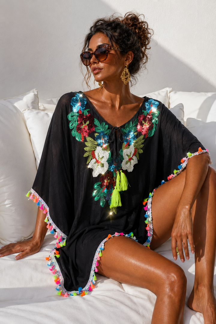 Ibiza Sparkly Tassel Beach Dress One Size/Curvy - fits 12 up to Size 18/20) - Black/Multi