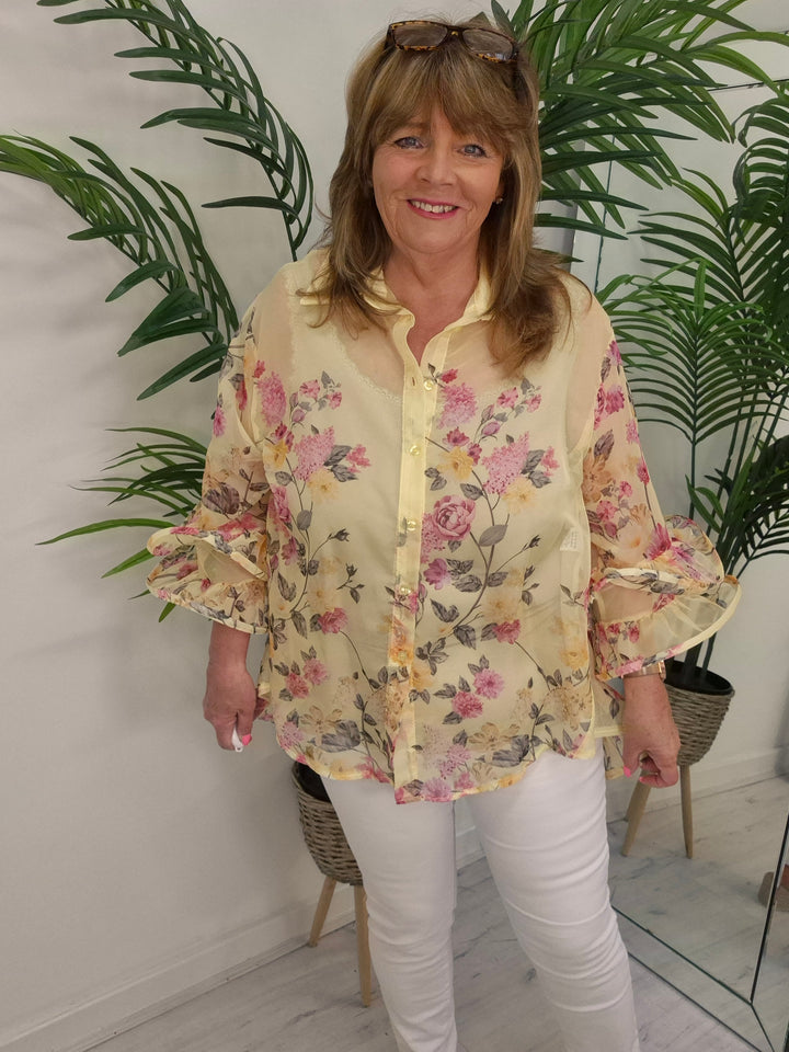 Alba Floral Chiffon Double Fluted Sleeve Blouse - (choose your Colour) - (Oversized)