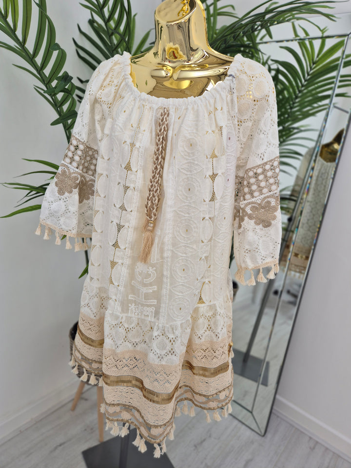Ibiza Bardot Kaftan/Beach Dress - White/Gold - (Oversized)