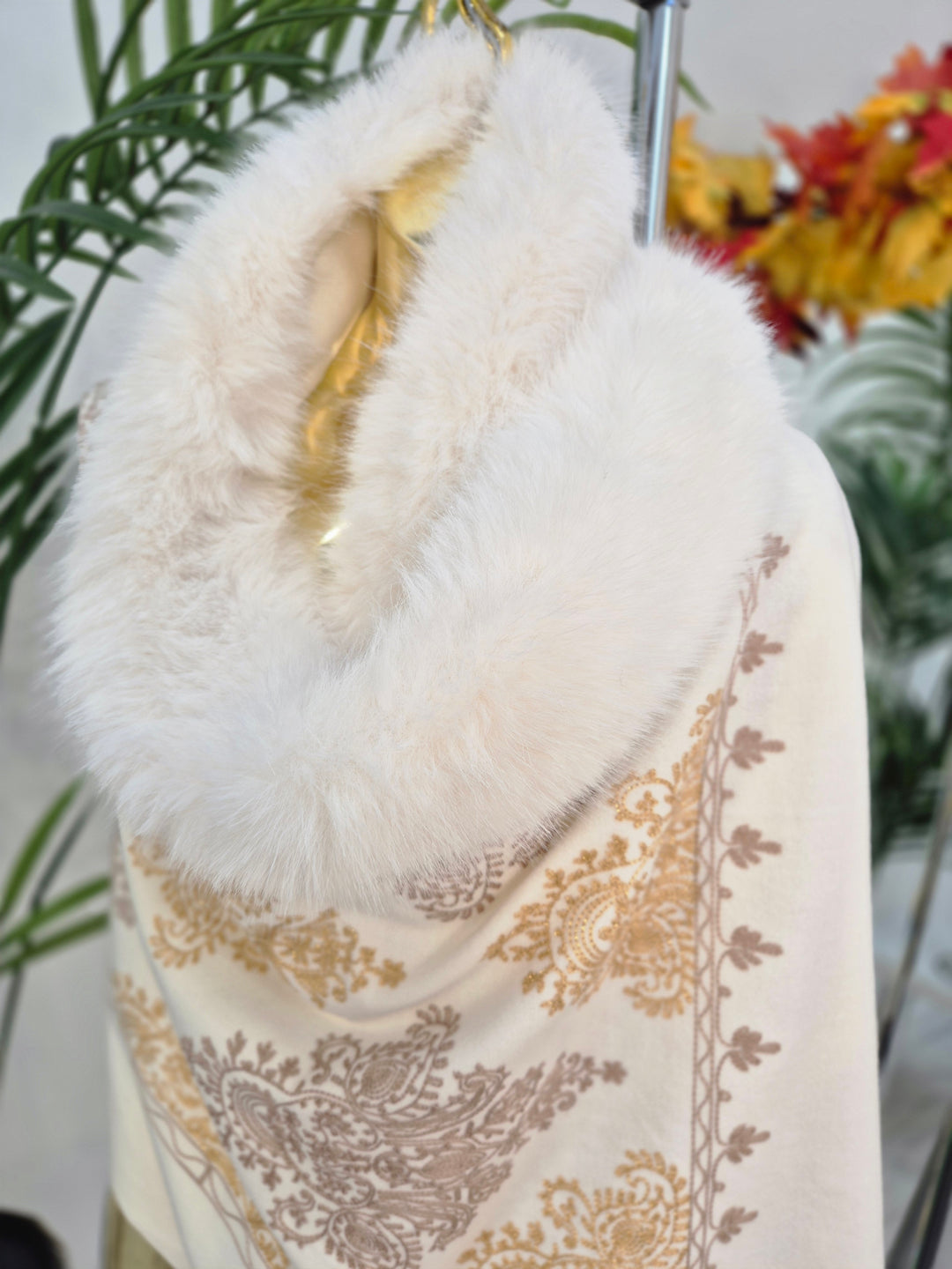 Oslo Faux Fur Shawl/Wrap - Winter White/Gold (Oversized)