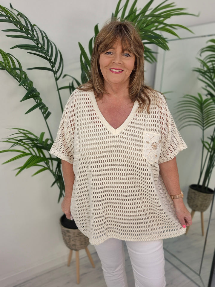 Anna Beaded Crochet Metallic Mesh Top - (choose your Colour) (Curvy)