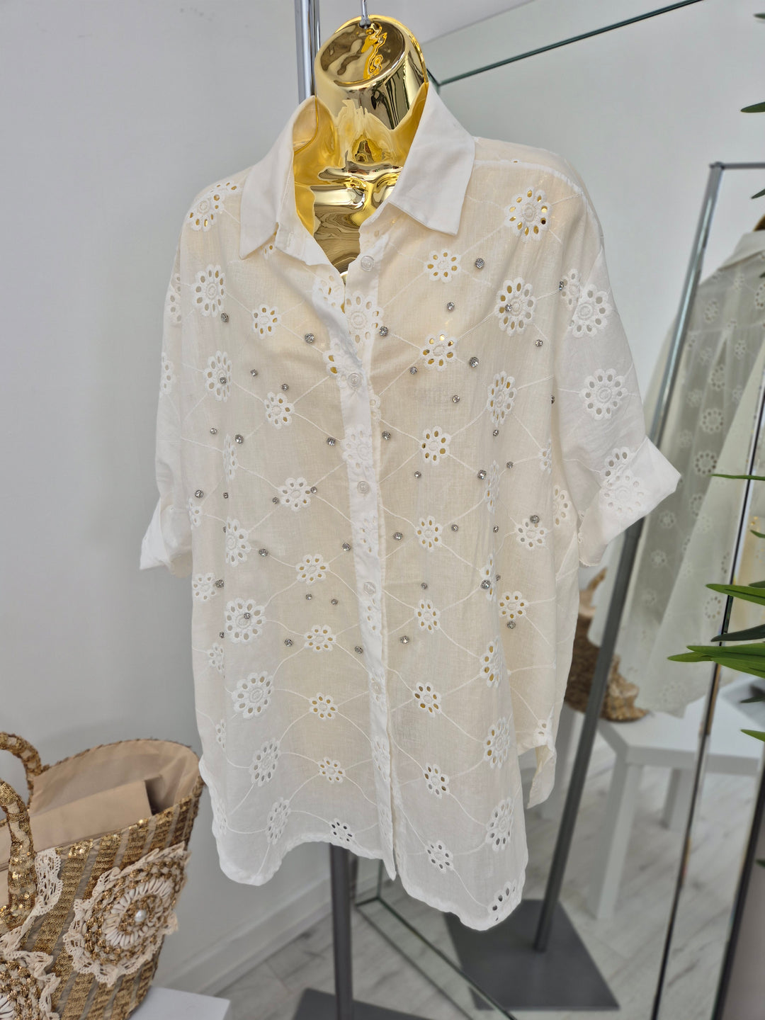 Zeta Otto Broderie Anglaise Blouse with Crystals - White (Oversized)
