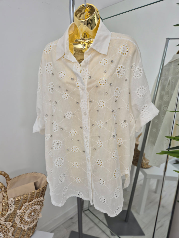 Zeta Otto Broderie Anglaise Blouse with Crystals - White (Oversized)