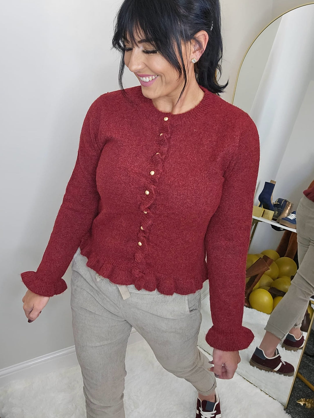 Anna Frilled Cardigan (One Size from Size 8 up to Size 14) - Wine