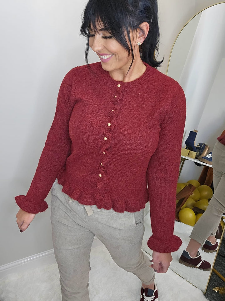 Anna Frilled Cardigan (One Size from Size 8 up to Size 14) - Wine