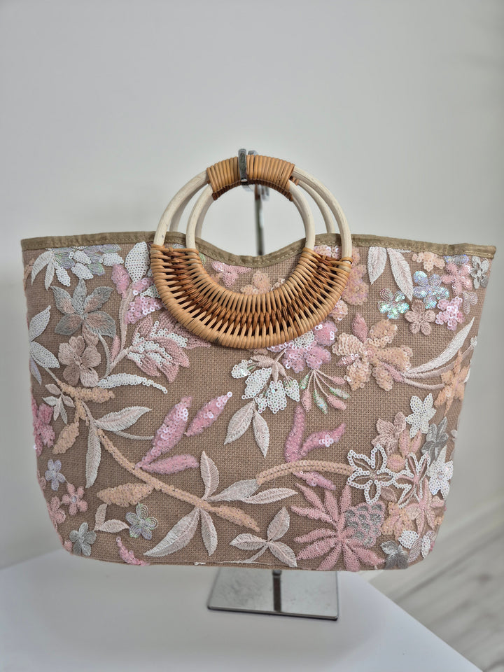 Floral Sequins Bamboo Bag - Pink