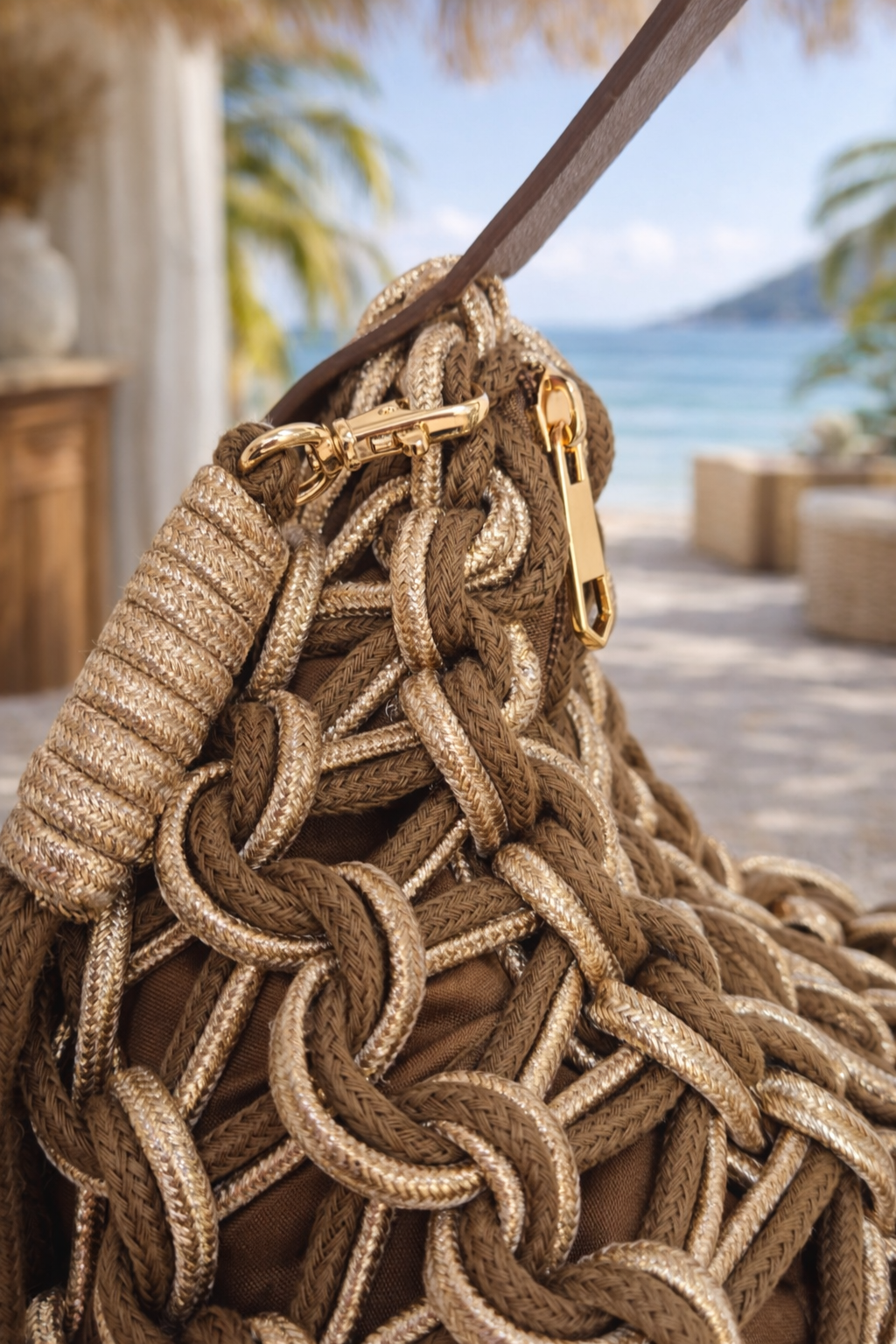 Marbella Gold Metallic Rope Bag - Chocolate/Gold