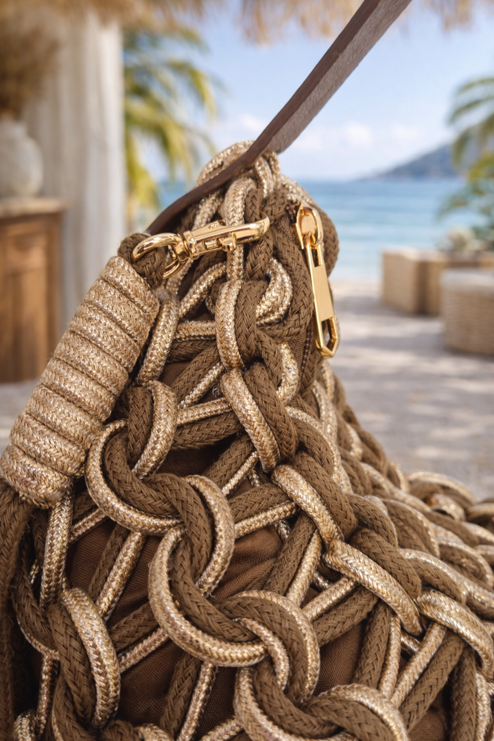 Marbella Gold Metallic Rope Bag - Chocolate/Gold