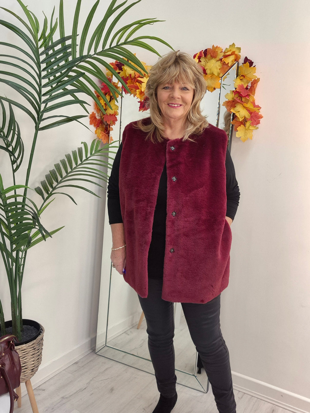 Oslo Faux Fur Gilet - Wine (Curvy fits from 14 up to Size 20)