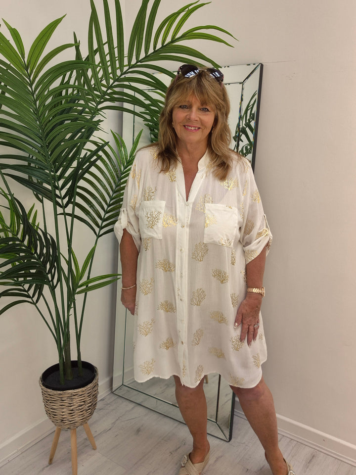 Ibiza Tree of Life Shirt Dress - White/Gold (Loose Fit)