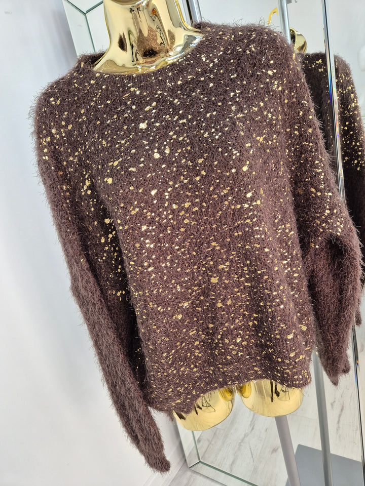 Gold Foil Sparkle Jumper - Chocolate (One Size, fits Size 10 up to Size 16)