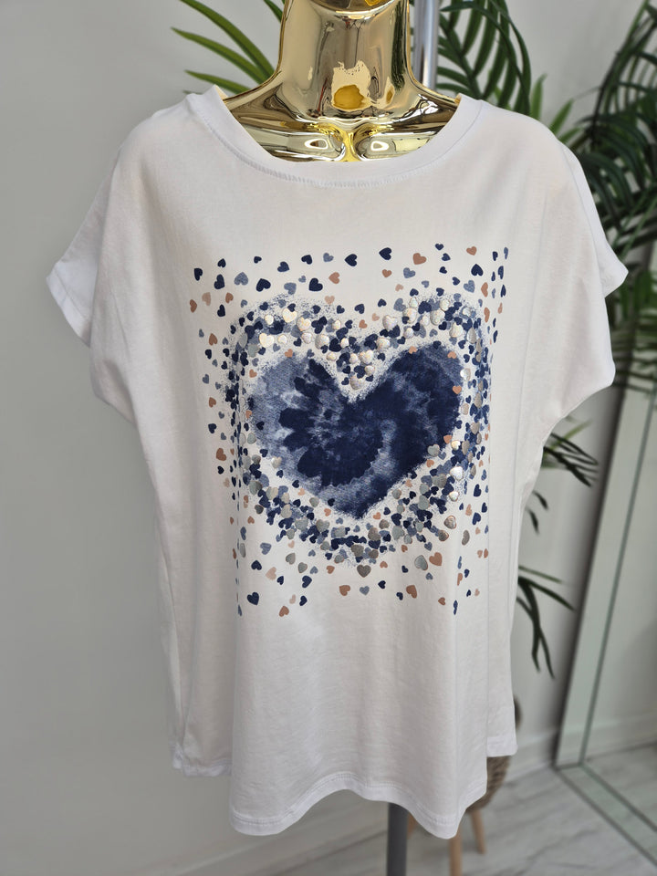 Blue Hearts Tee Shirt - White/Blue/Gold