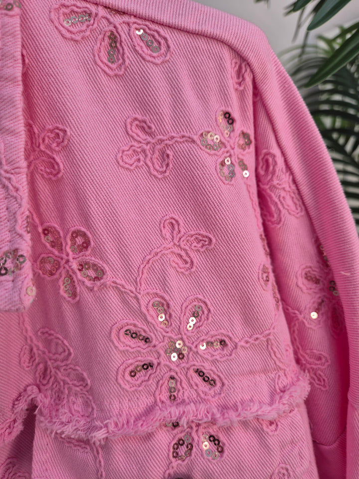 Dana Floral Sparkly Denim Shacket - Pink (One Size/Curvy, fitting from Size 10/12 up to Size 18)  PRE-ORDER FOR DELIVERY MONDAY 2ND MARCH