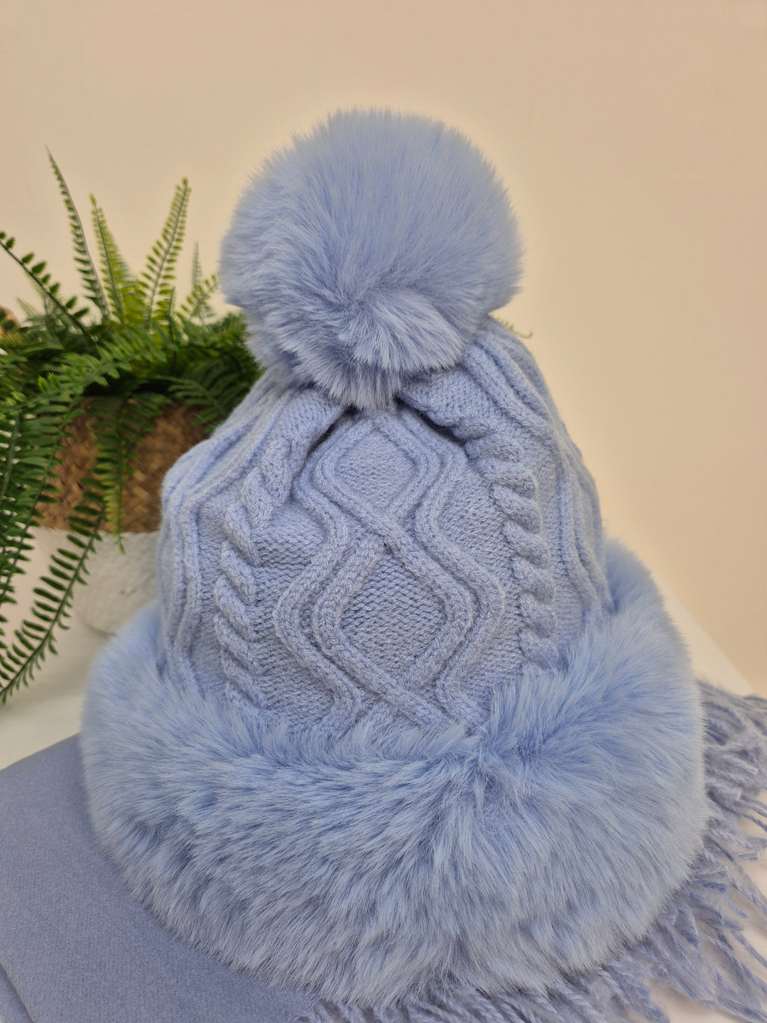 Oslo Faux Fur Pom Pom Cable Hat & Soft Feel Brushed Tassel Scarf Bundle - Powder Blue