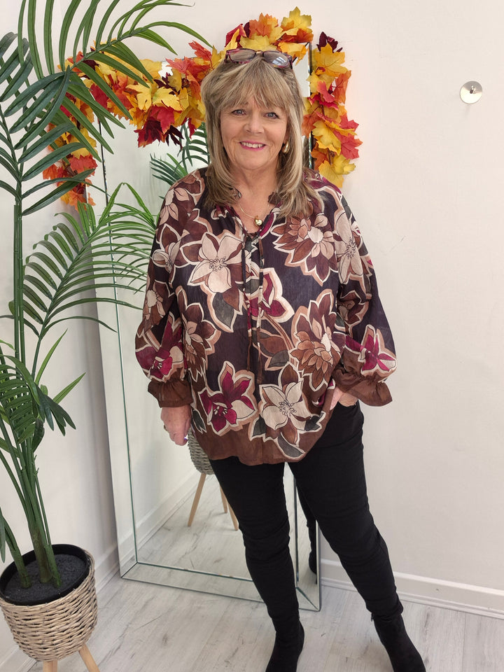 Floral Autumn Blouse - Black/Wine/Chocolate (fits from Size 12/14 to Size 18/20)