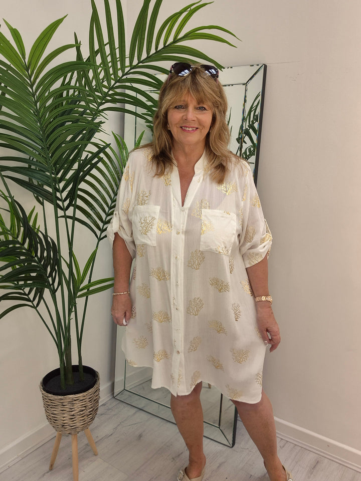 Ibiza Tree of Life Shirt Dress - White/Gold (Loose Fit)
