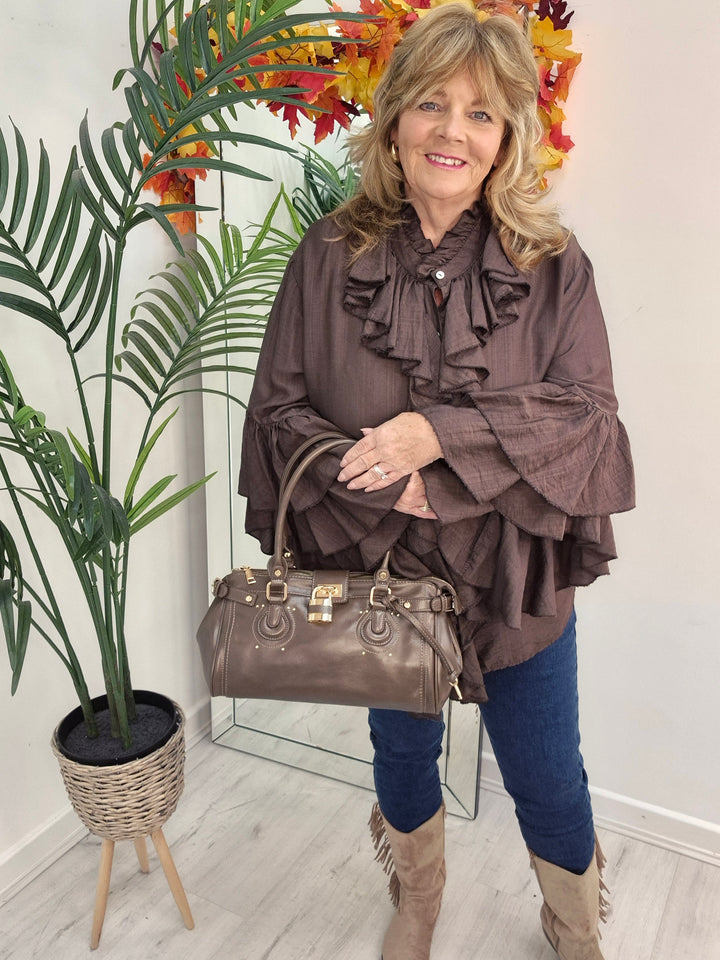 Rhea Ruffle Blouse - (One Size, fits from Size 14 up to Size 18/20) - Chocolate