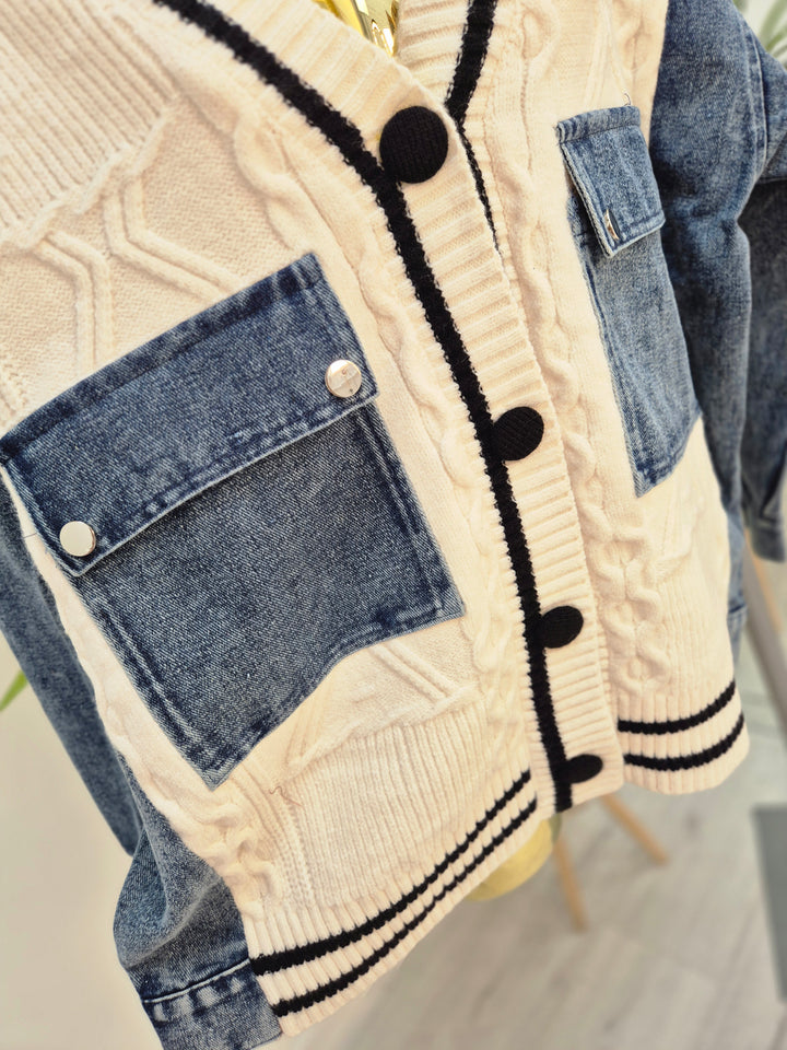 Callie Cable Cardigan with Denim - One Size - fits from Size 10/12 up to Size 18