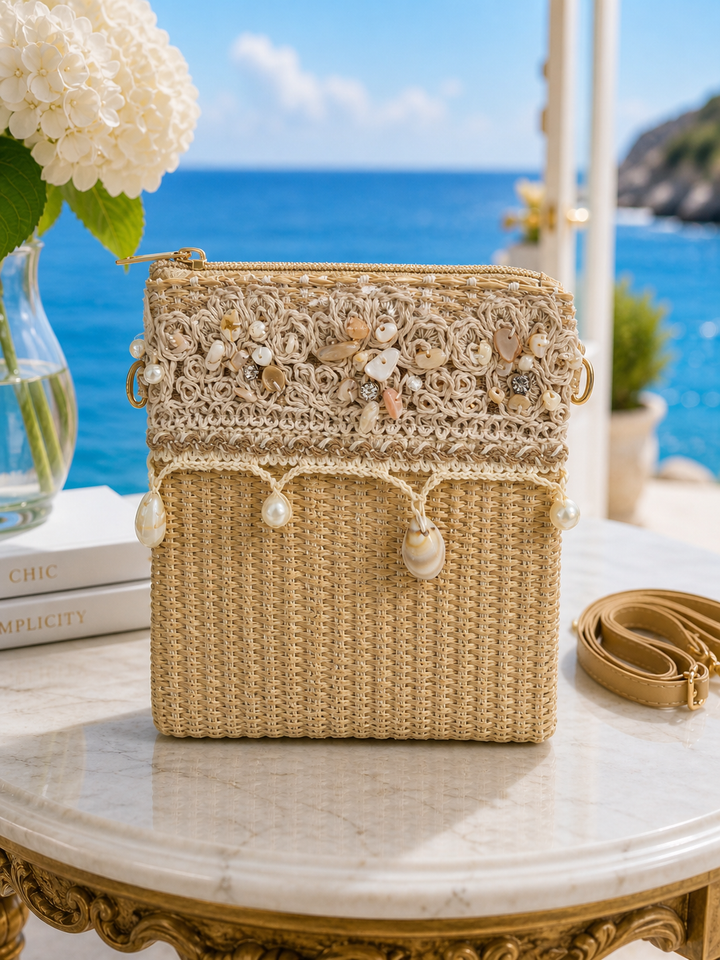 Beaded Raffia Cross Body Bag - Shells/Crystals/Pearls - Natural
