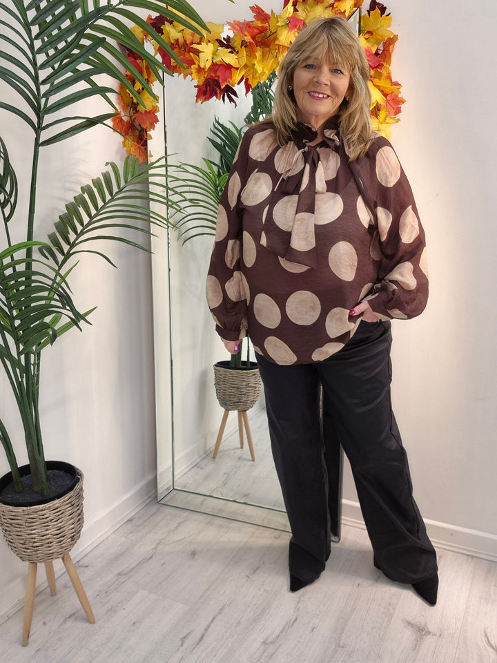 Dotty Oversized Blouse - (One Size/Curvy Size, fits from Size 14/16 to Size 20) - Chocolate