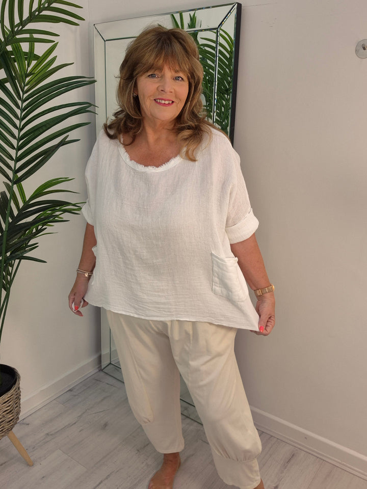 Hopsack Frayed Top - White (Oversized)