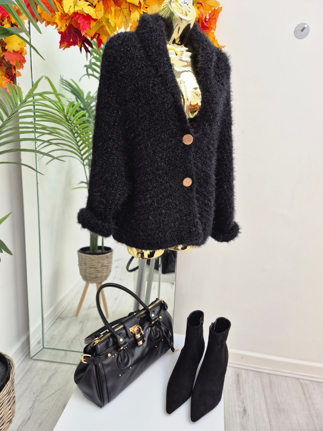 Finley Fluffy Cardigan  - Black (One Size - fits up to Size 14/16)