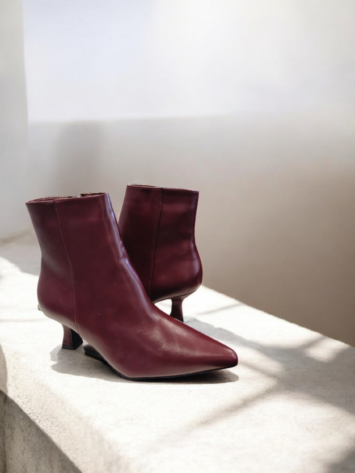 Mayfair Faux Leather Ankle Boots with Low Block Kitten Heel - Wine (choose your Size)