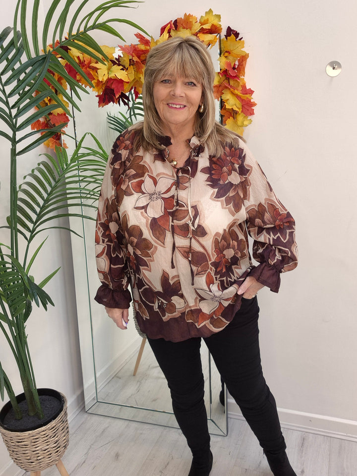 Floral Autumn Blouse - Chocolate/Wine/Stone (fits from Size 12/14 to Size 18/20)