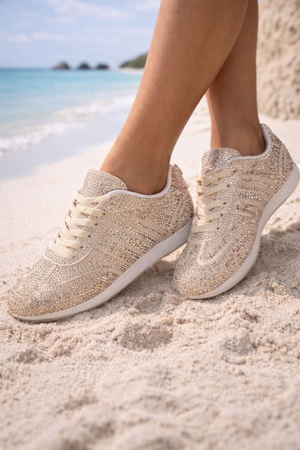 Marbella Sparkly Crystal Trainers - Beige (choose your Size)