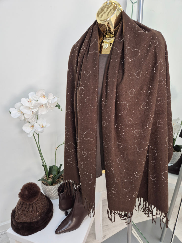 Sparkly Hearts Oversized Fringed Scarf - Chocolate