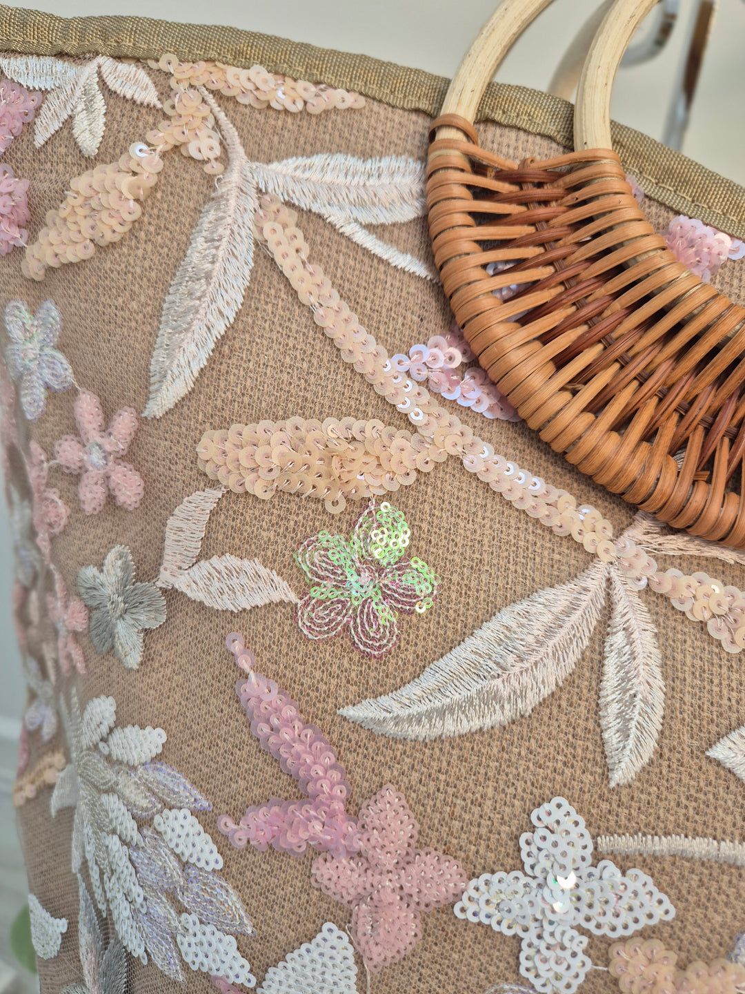 Floral Sequins Bamboo Summer Bag - Pink