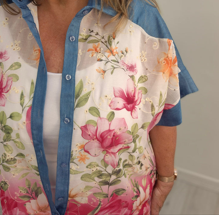 Floral Broderie Anglaise Blouse with Sequins - (Oversized)