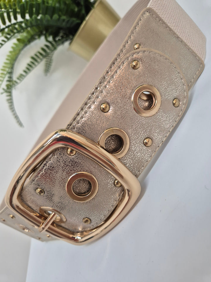 Stretchy Belt with Large Buckle - Gold/Beige