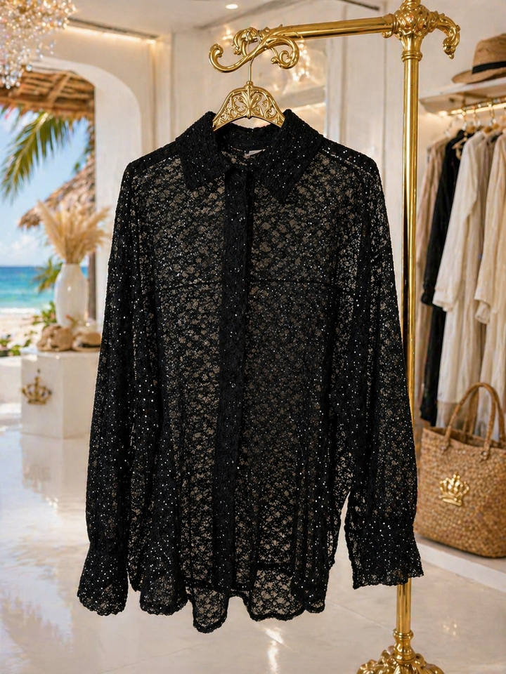 Lace Blouse with Sparkle (Zeta Otto) - (Oversized, fits from Size 14 up to Size 18) - Black