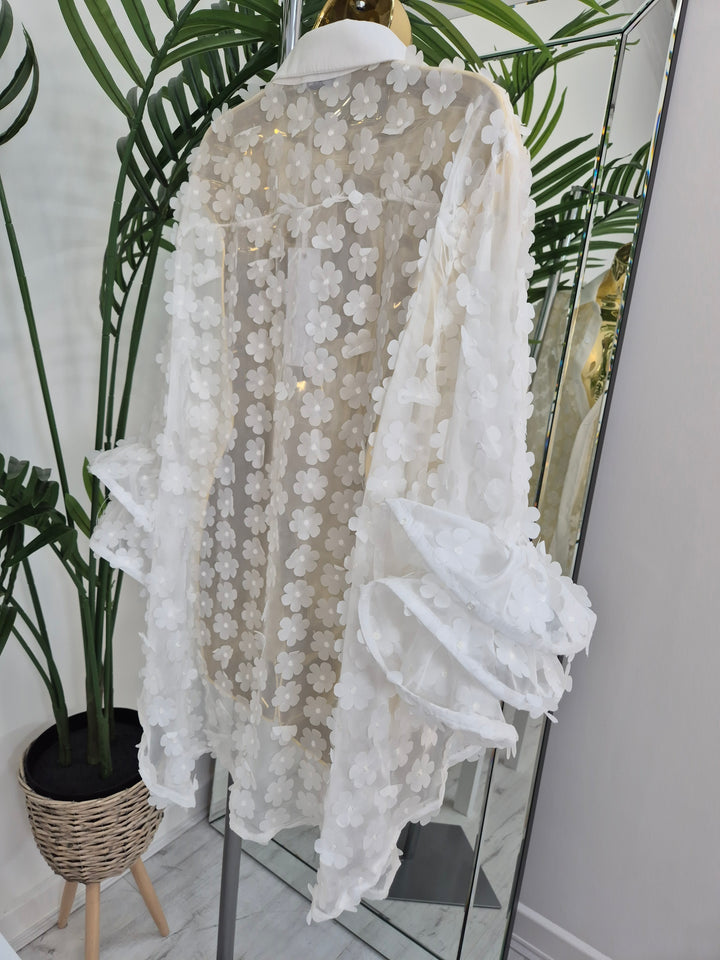 Alba Daisy Double Fluted Sleeve Blouse - White (Oversized)