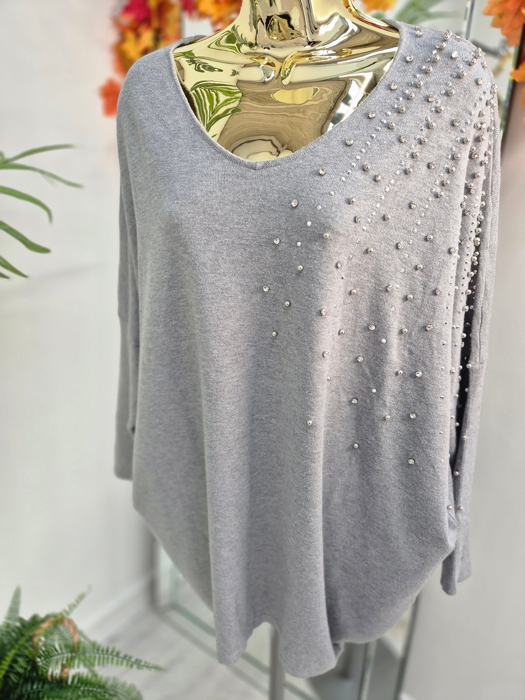 Celine Crystals, Pearls & Diamantes Oversized Jumper with V Neck (choose your Colour) (One Size/Curvy, fits from Size 12 up to Size 18)