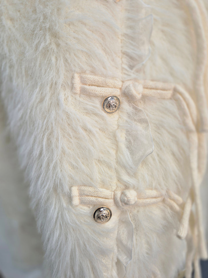 Oslo Fluffy Baroque Buttoned Cardigan - Cream (One Size, fitting from Size 10 up to Size 16)
