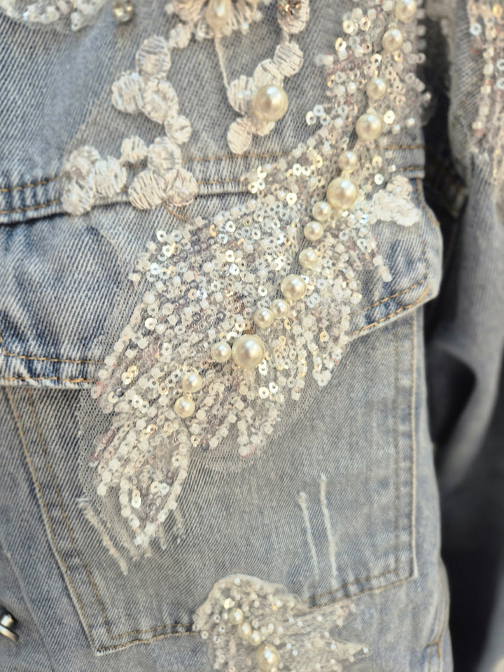 Angelica Crystal & Pearl Denim Jacket - Stonewashed (Oversized)