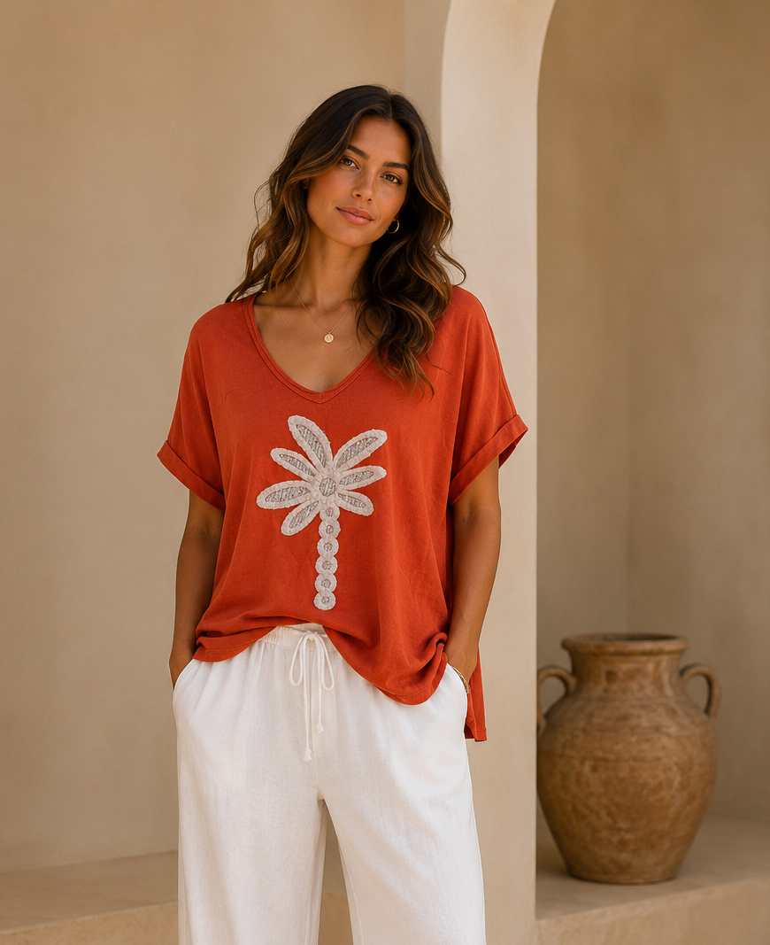 Palm Sparkly Oversized Top - (One Size/Curvy Size, fits from Size 14 up to Size 18/20) - Rust