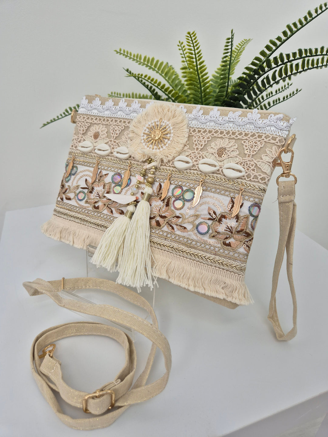 Seashells, Sun, Tassels Clutch Bag - Natural