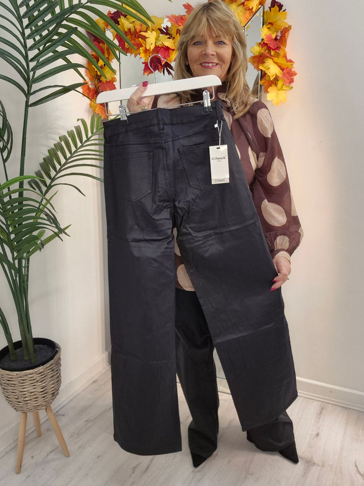 Noir PU Coated Wide Leg Jeans - Black (G Smack) - (choose your Size)