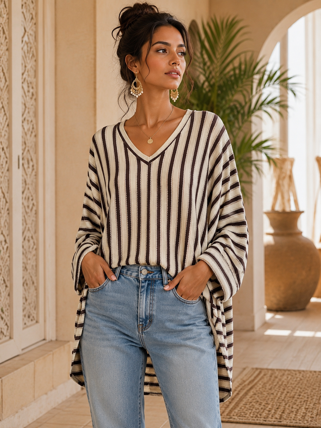 Emily Striped Fine Knit Top with Hi Lo Hemline - (Oversized/Curvy - fits Size 16 to Size 20) - Cream/Chocolate